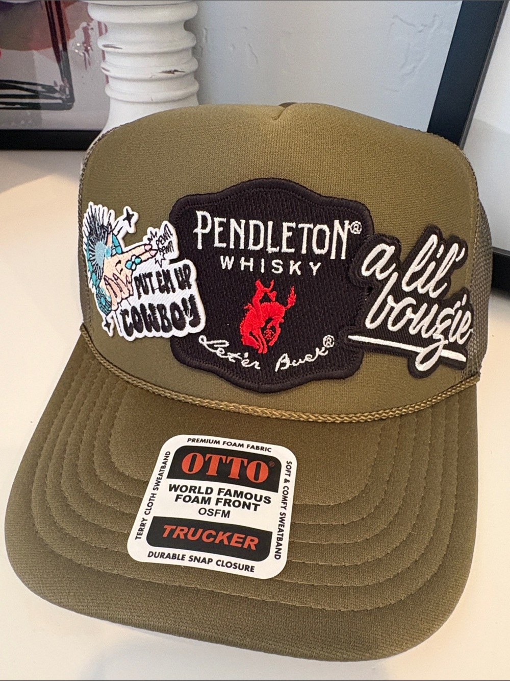 Pendleton Olive Green Trucker Hat with Black Patch and Red Accent